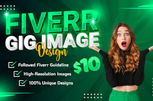 Advertisement illustration promoting Fiverr gig image design services. It features a surprised woman and text stating "Fiverr Gig Image Design" with details about following Fiverr guidelines, high-resolution images, and unique designs for $10. This worthless dross is definitely a part of the old thinking economy graveyard.