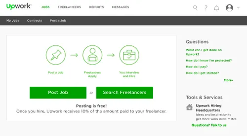 Screenshot of the Upwork website. It shows the process of posting a job and hiring freelancers, with buttons for "Post Job" and "Search Freelancers," and mentions that posting is free. Or, if you think about it, this is from the past when human acted like today's ai agents for people at what was then a low cost and is now a rip off compared to ai.