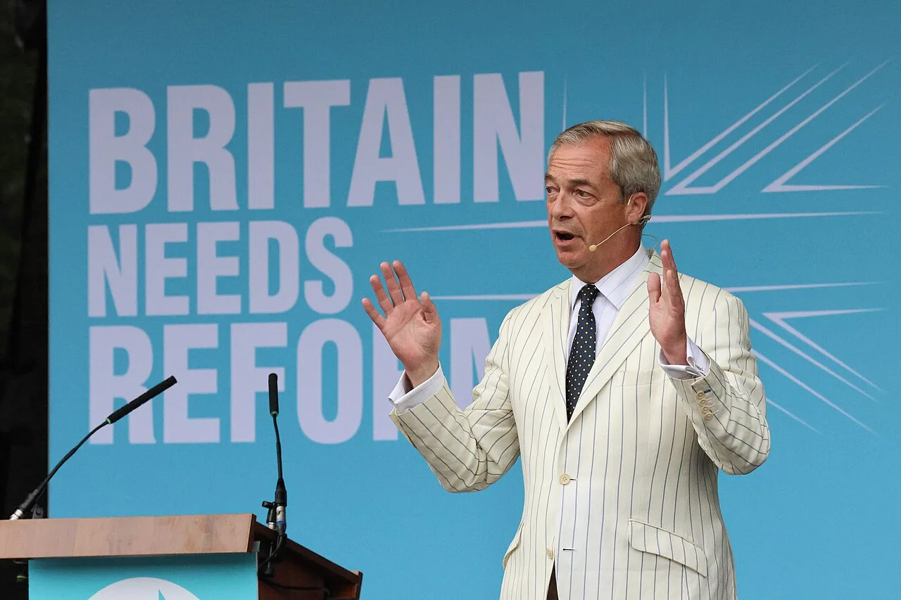 Nigel Farage addressing a Reform UK rally at Trago Mills, Devon, 2024.